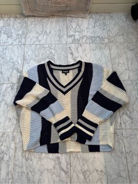 Express V-Neck Striped Open-Knit Sweater - Navy, Light Blue & Cream